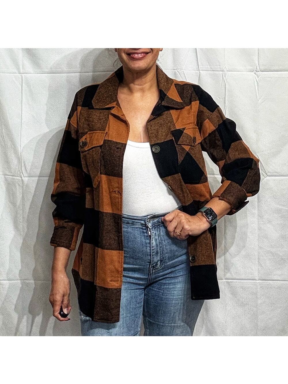 Blu Pepper Orange Plaid Buffalo Print Shacket Sz S